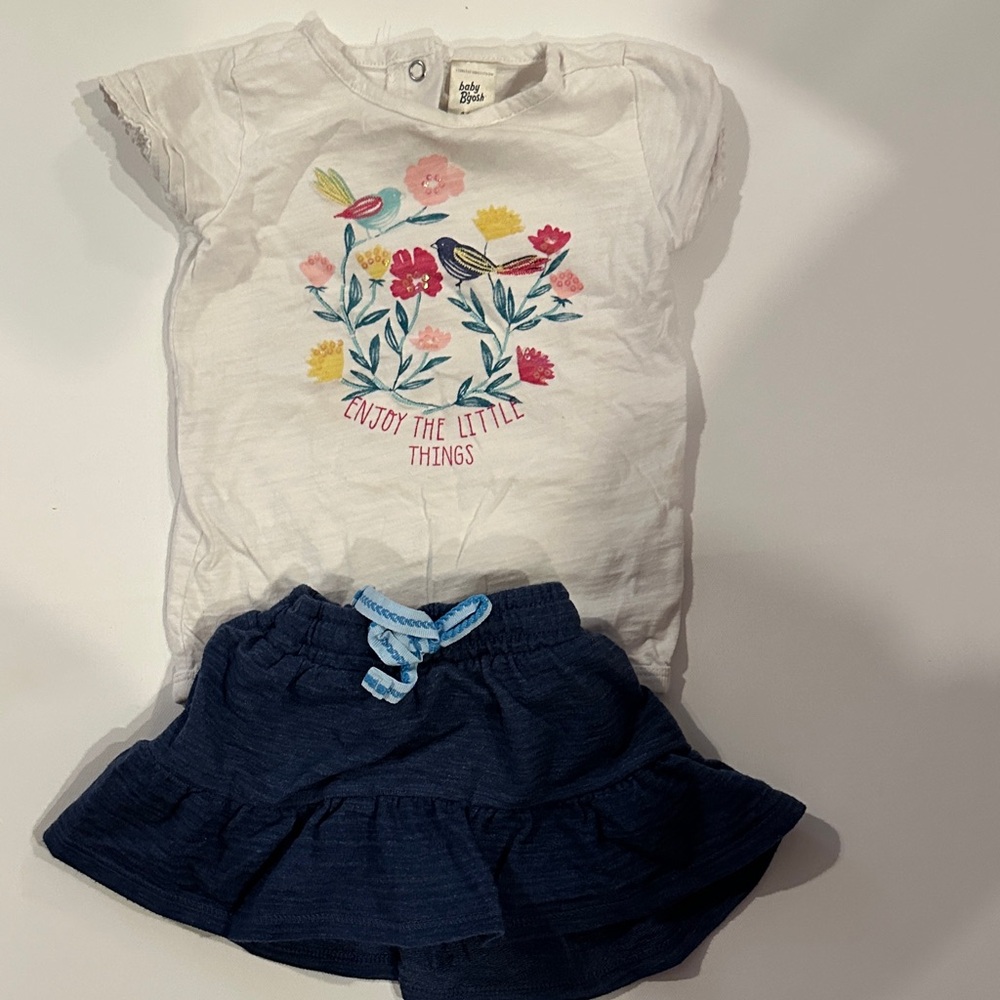 White Floral Baby Onesie with Denim Skirt
